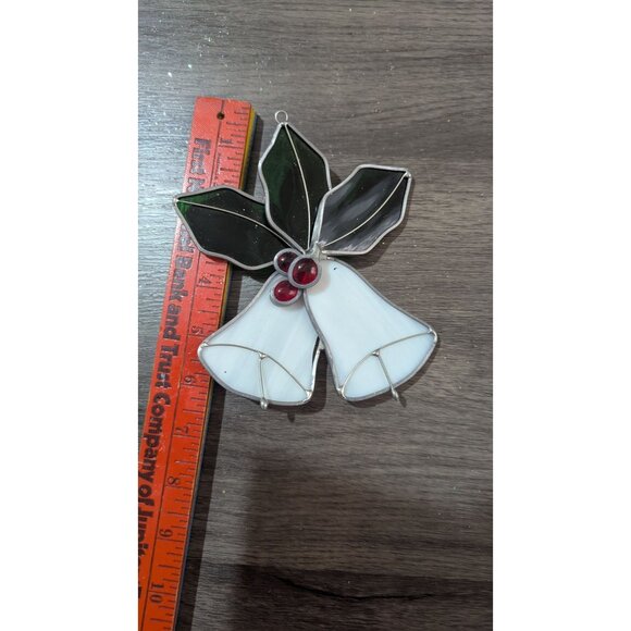 Stained Glass Holly & Bells Ornament White Green Red Holiday Décor Handcrafted - Picture 5 of 5